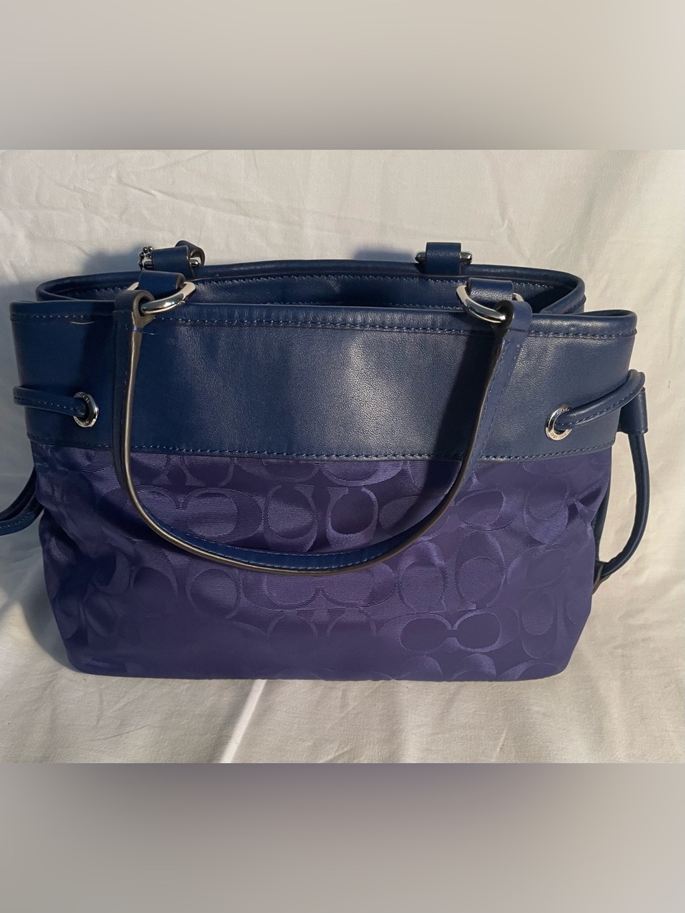 Coach Blue Signature Shoulder Purse / Hand Bag with Leather Trim - Picture 2 of 15